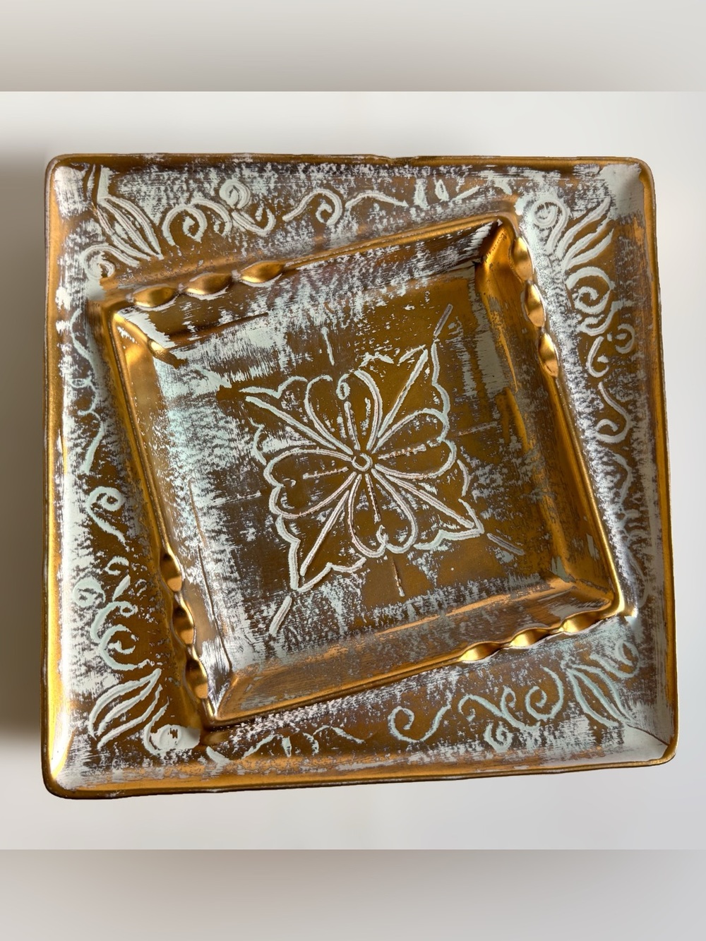 Vintage MCM Stangl Pottery Gold Cream Aqua Square Ashtray Dish Hollywood Regency